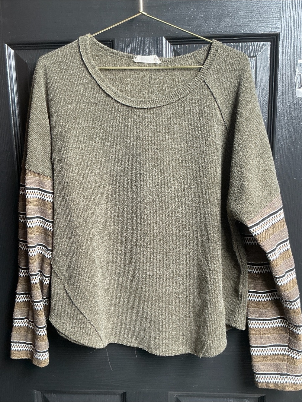 Olive Green Crewneck Knit Sweater with Patterned Sleeve Stripes